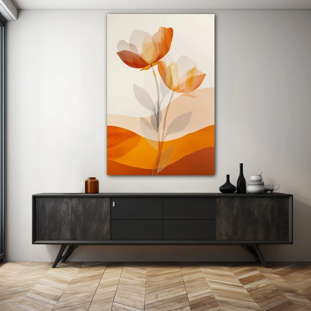Wall Art titled: Floral Auroras in a Vertical format with: Orange, and Monochromatic Colors; Decoration the Sideboard wall