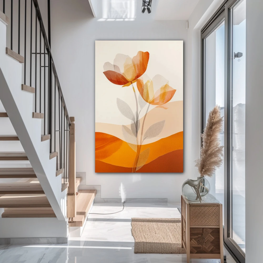 Wall Art titled: Floral Auroras in a Vertical format with: Orange, and Monochromatic Colors; Decoration the Staircase wall
