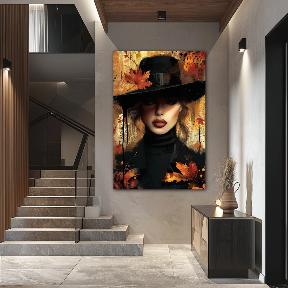 Wall Art titled: November Muse in a Vertical format with: Brown, and Black Colors; Decoration the Staircase wall