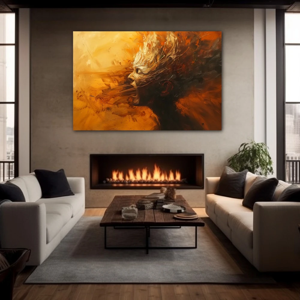 Wall Art titled: The Collapse of Arrogance in a Horizontal format with: Orange, and Monochromatic Colors; Decoration the Fireplace wall