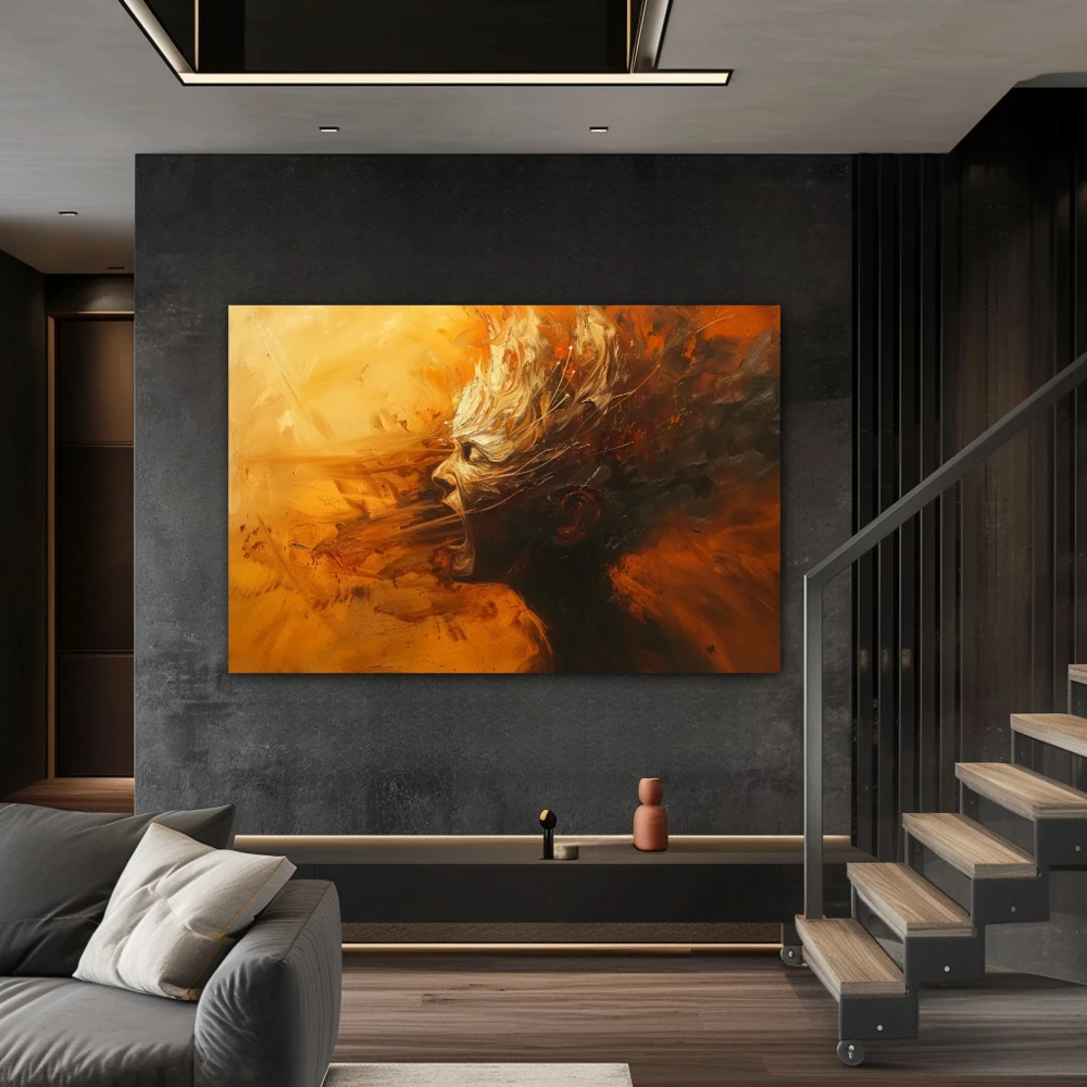 Wall Art titled: The Collapse of Arrogance in a Horizontal format with: Orange, and Monochromatic Colors; Decoration the Staircase wall