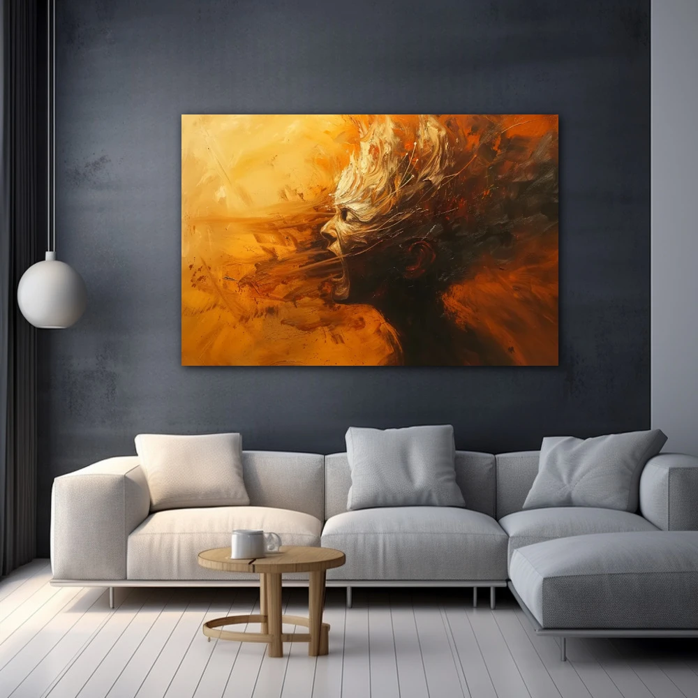 Wall Art titled: The Collapse of Arrogance in a Horizontal format with: Orange, and Monochromatic Colors; Decoration the Grey Walls wall