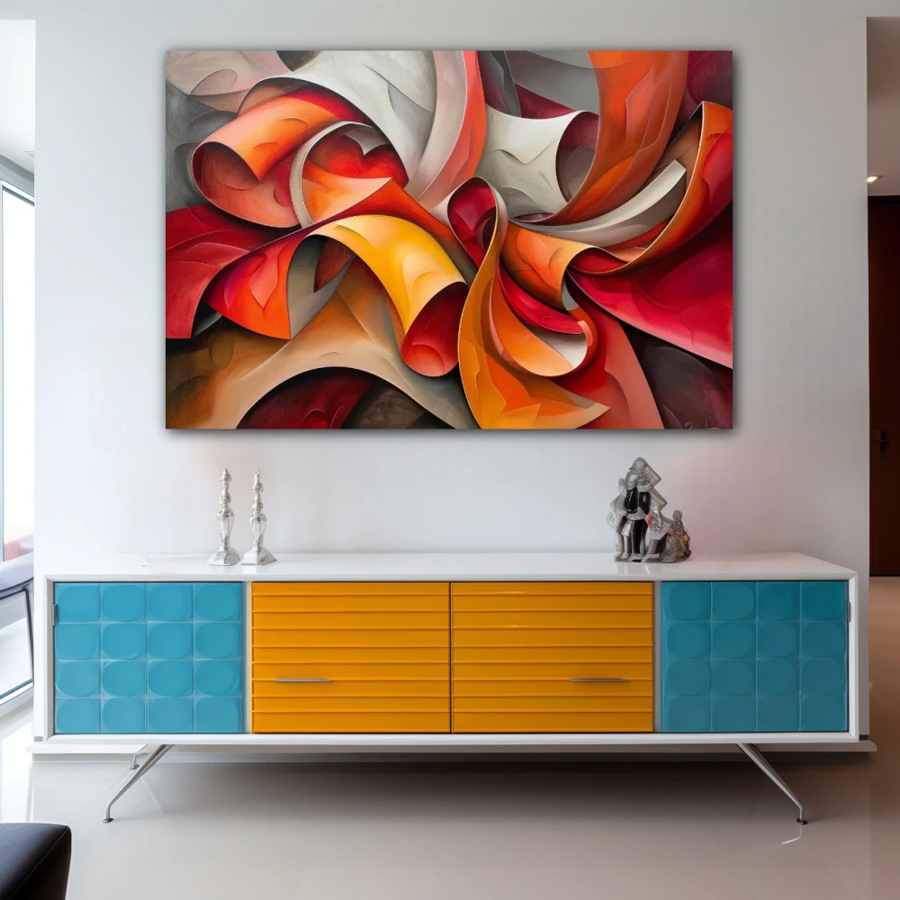 Cuadro rizos abstractos de pasión en formato horizontal con colores amarillo, gris, rojo; decorando pared de aparador