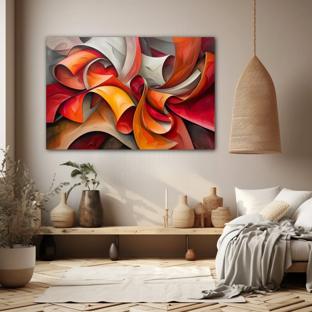 Wall Art titled: Abstract Curls of Passion in a Horizontal format with: Yellow, Grey, and Red Colors; Decoration the Beige Wall wall