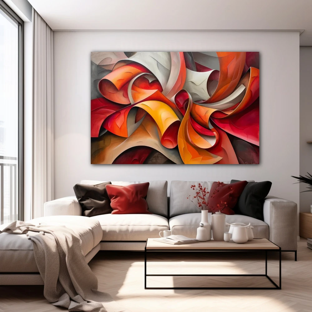 Wall Art titled: Abstract Curls of Passion in a Horizontal format with: Yellow, Grey, and Red Colors; Decoration the White Wall wall