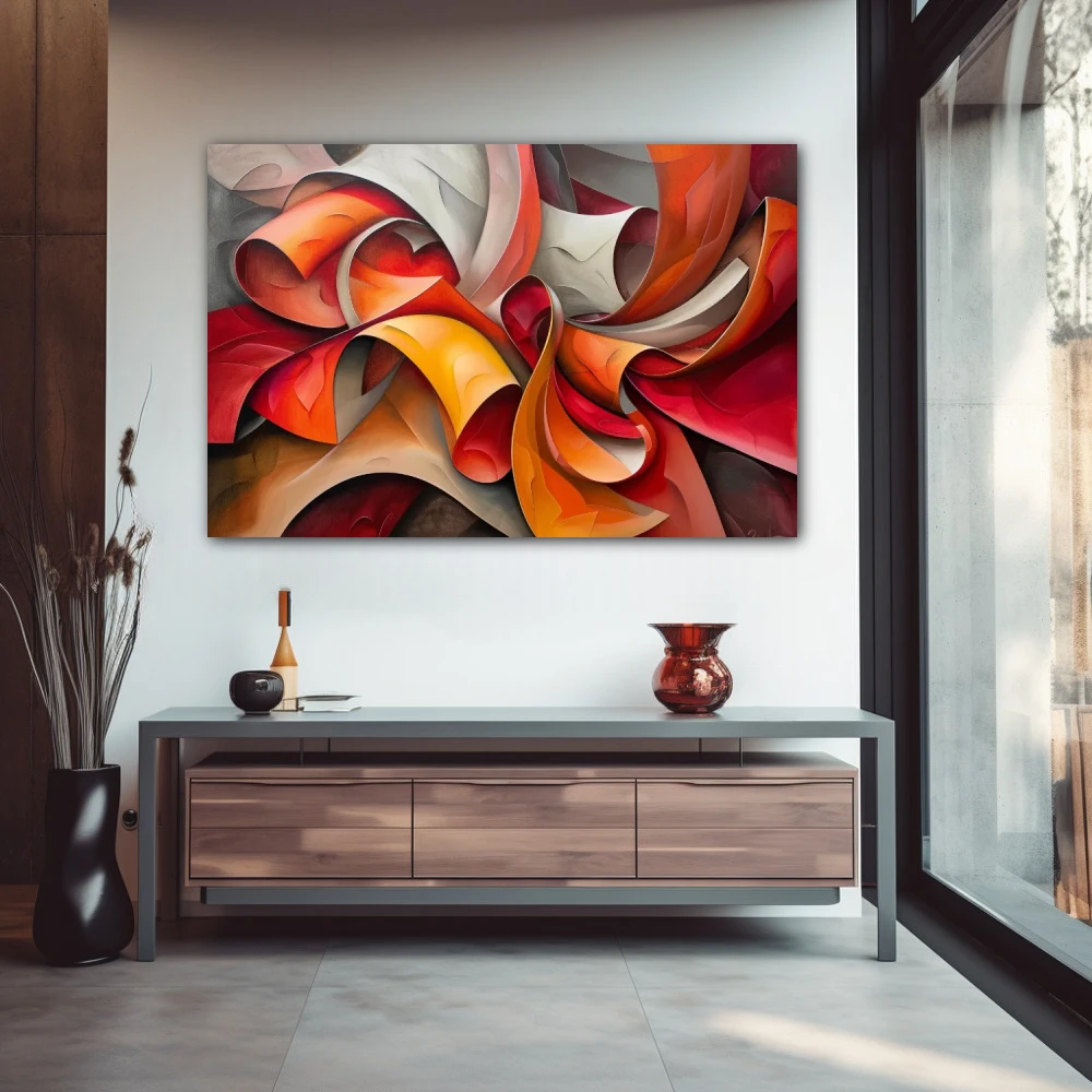 Wall Art titled: Abstract Curls of Passion in a Horizontal format with: Yellow, Grey, and Red Colors; Decoration the Entryway wall