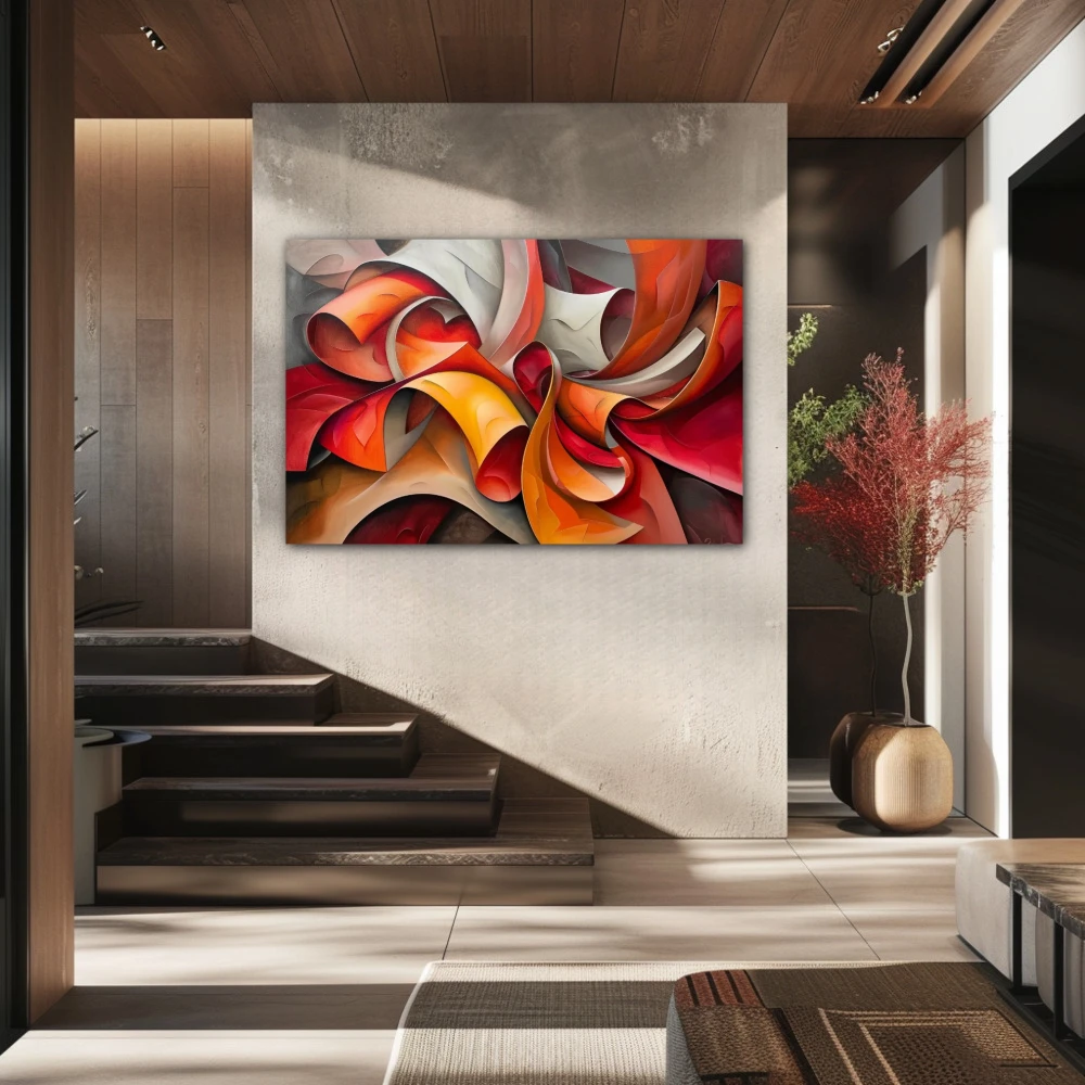 Wall Art titled: Abstract Curls of Passion in a Horizontal format with: Yellow, Grey, and Red Colors; Decoration the Staircase wall