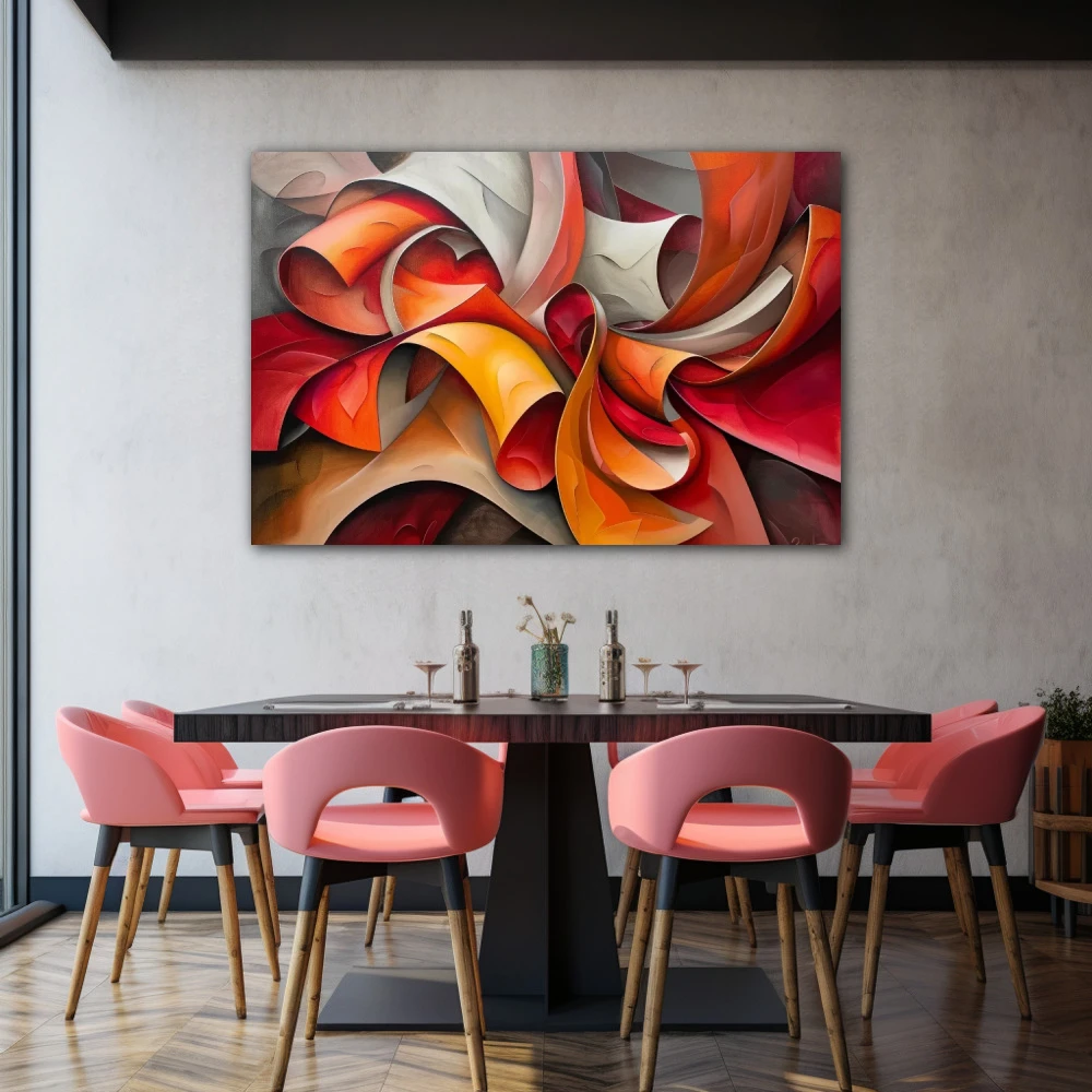 Wall Art titled: Abstract Curls of Passion in a Horizontal format with: Yellow, Grey, and Red Colors; Decoration the Restaurant wall