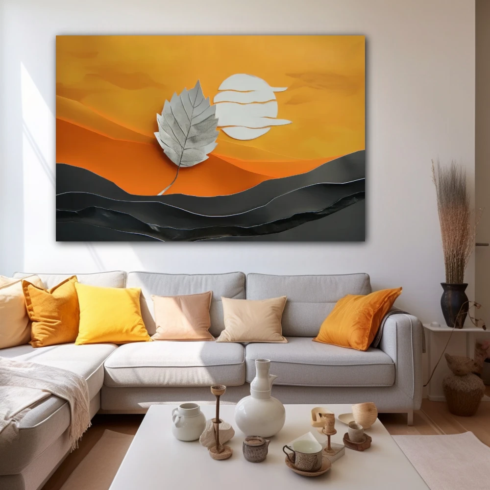 Cuadro meditación silente en formato horizontal con colores gris, naranja; decorando pared blanca