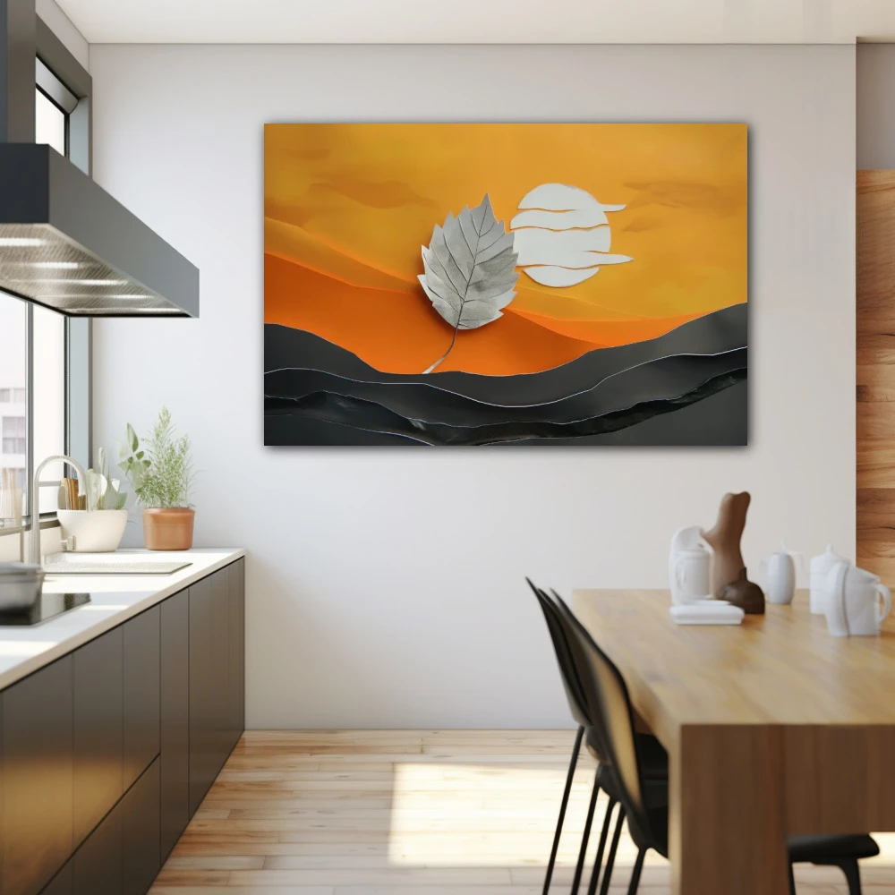 Cuadro meditación silente en formato horizontal con colores gris, naranja; decorando pared de cocina