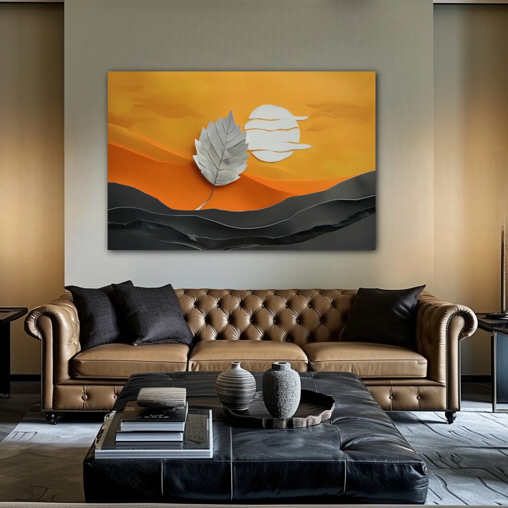 Cuadro meditación silente en formato horizontal con colores gris, naranja; decorando pared de encima del sofá