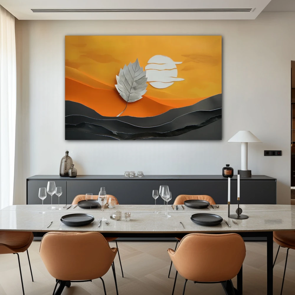 Cuadro meditación silente en formato horizontal con colores gris, naranja; decorando pared de salón comedor