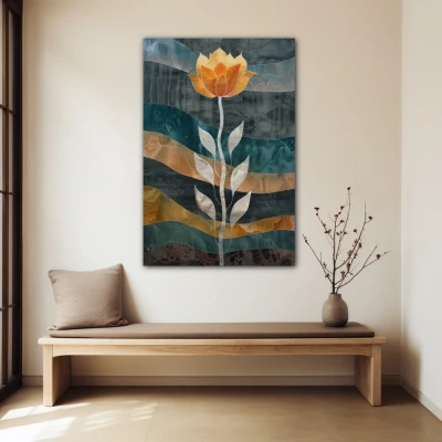 Wall Art titled: Dreamlike Metamorphosis in a  format with: Grey, and Orange Colors; Decoration the Beige Wall wall