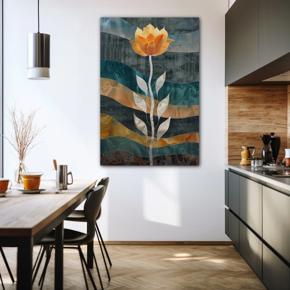 Wall Art titled: Dreamlike Metamorphosis in a Vertical format with: Grey, and Orange Colors; Decoration the Kitchen wall