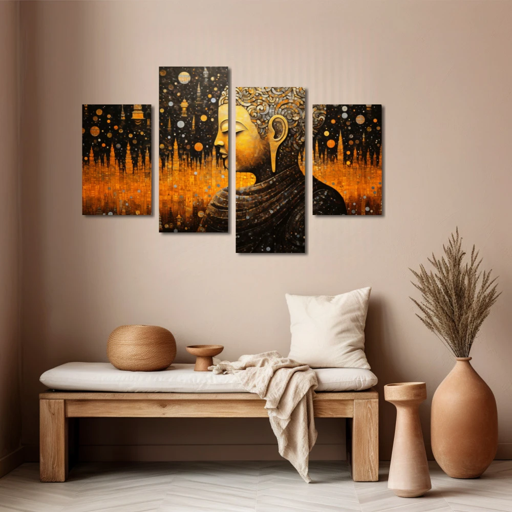 Wall Art titled: Spiritual Link in a Horizontal format with: Yellow, and Golden Colors; Decoration the Beige Wall wall