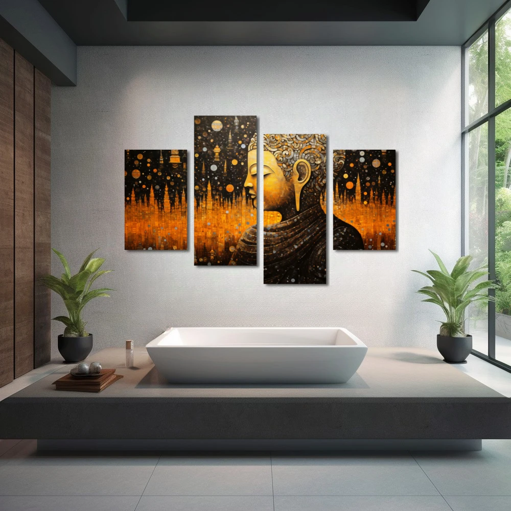 Wall Art titled: Spiritual Link in a Horizontal format with: Yellow, and Golden Colors; Decoration the Wellbeing wall
