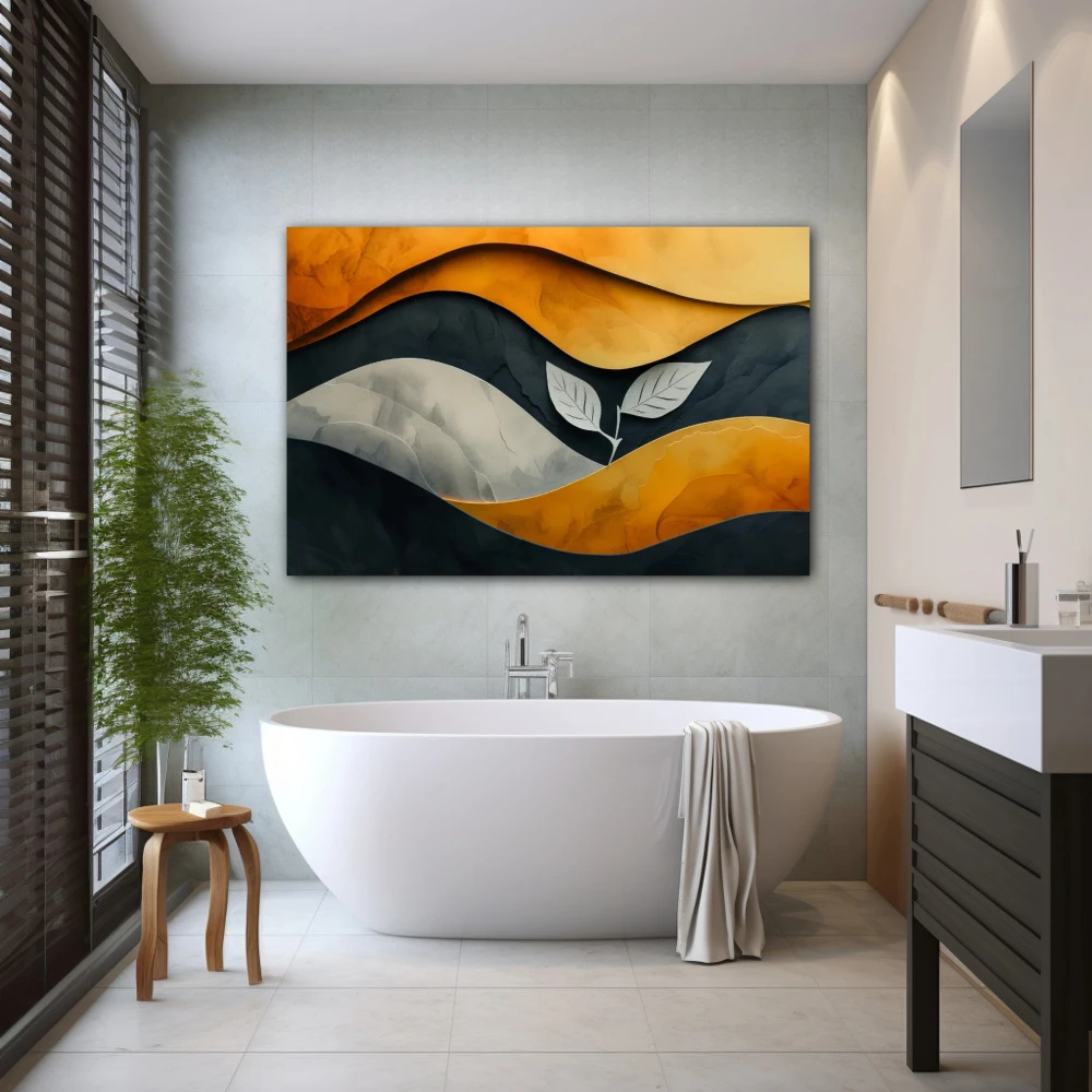 Cuadro resiliencia en momentos difíciles en formato horizontal con colores dorado, gris, naranja; decorando pared de baño