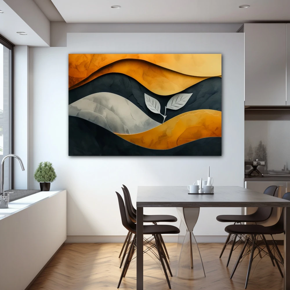 Wall Art titled: Resilience in Difficult Times in a Horizontal format with: Golden, Grey, and Orange Colors; Decoration the Kitchen wall