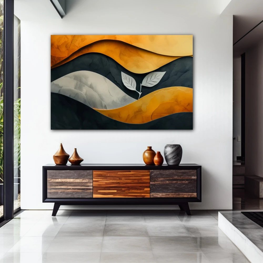 Wall Art titled: Resilience in Difficult Times in a Horizontal format with: Golden, Grey, and Orange Colors; Decoration the Entryway wall