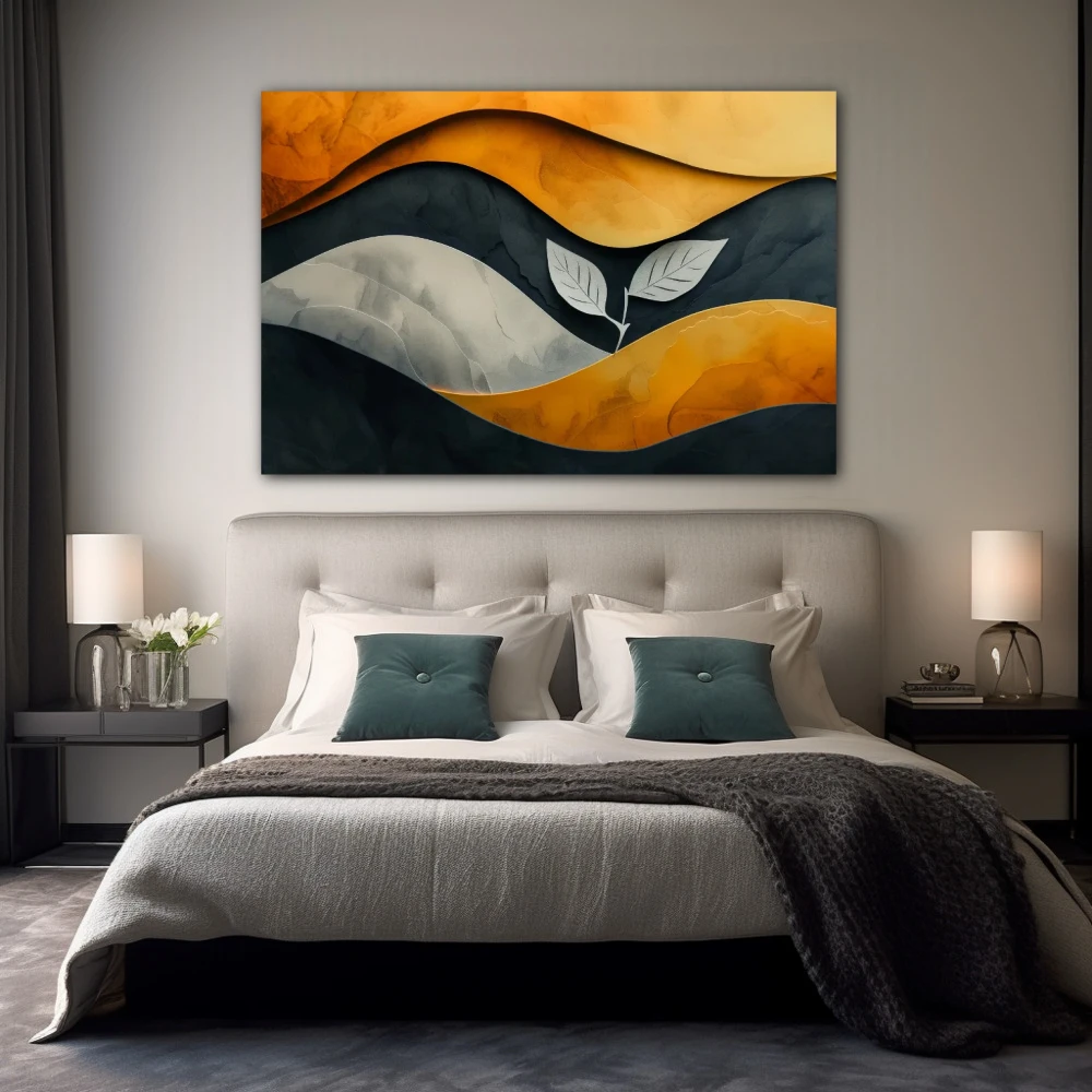 Cuadro resiliencia en momentos difíciles en formato horizontal con colores dorado, gris, naranja; decorando pared de habitación dormitorio