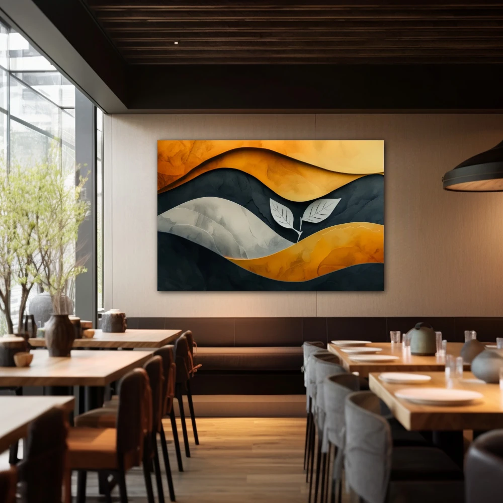 Cuadro resiliencia en momentos difíciles en formato horizontal con colores dorado, gris, naranja; decorando pared de restaurante