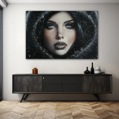 Wall Art titled: Ancestral Sparkle in a Horizontal format with: white, Grey, and Black Colors; Decoration the Sideboard wall