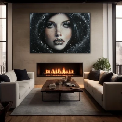 Wall Art titled: Ancestral Sparkle in a  format with: white, Grey, and Black Colors; Decoration the Fireplace wall