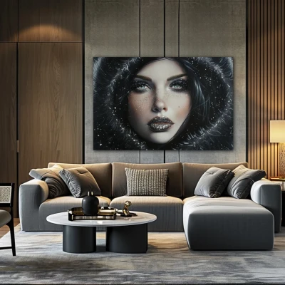 Wall Art titled: Ancestral Sparkle in a Horizontal format with: white, Grey, and Black Colors; Decoration the Above Couch wall