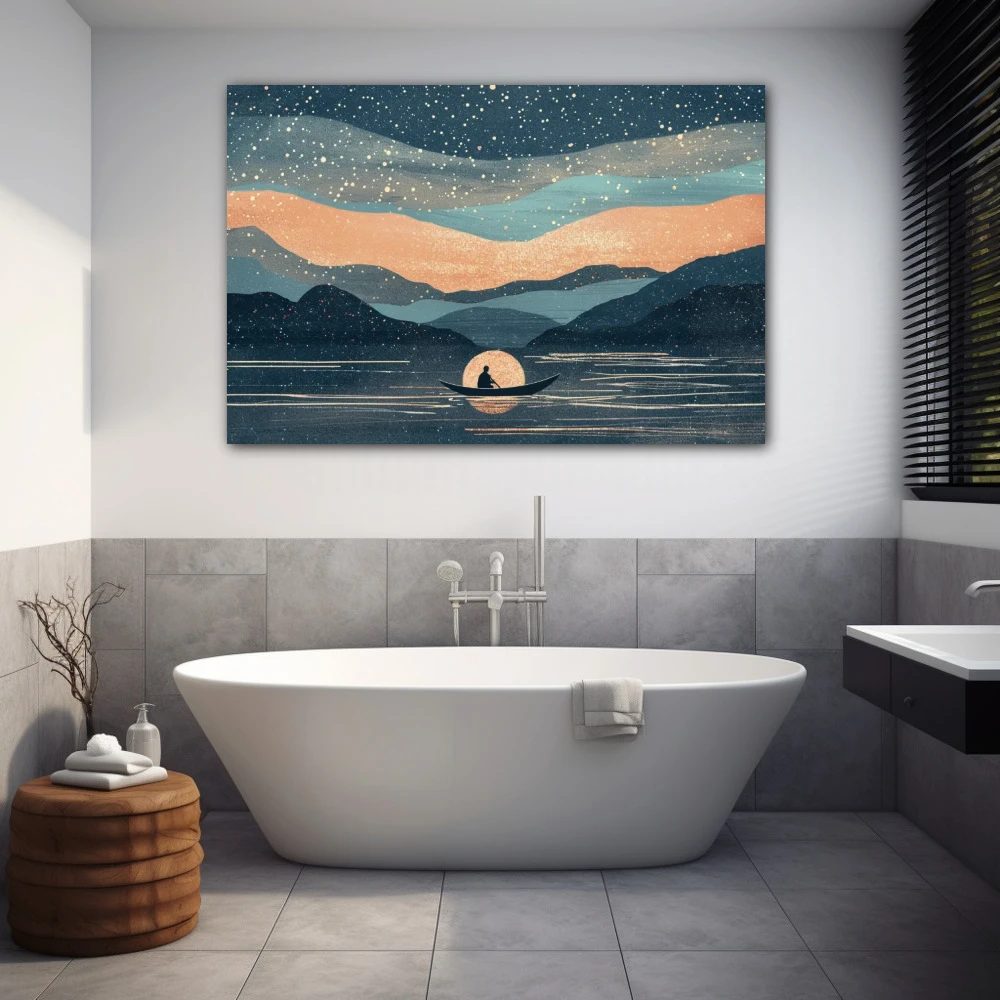 Wall Art titled: Dawn of the Solitary Dreamer in a Horizontal format with: Blue, Pastel, and Navy Blue Colors; Decoration the Bathroom wall