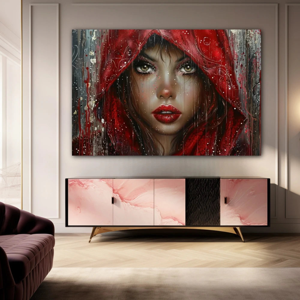 Cuadro la reina roja en formato horizontal con colores gris, marrón, rojo; decorando pared de aparador