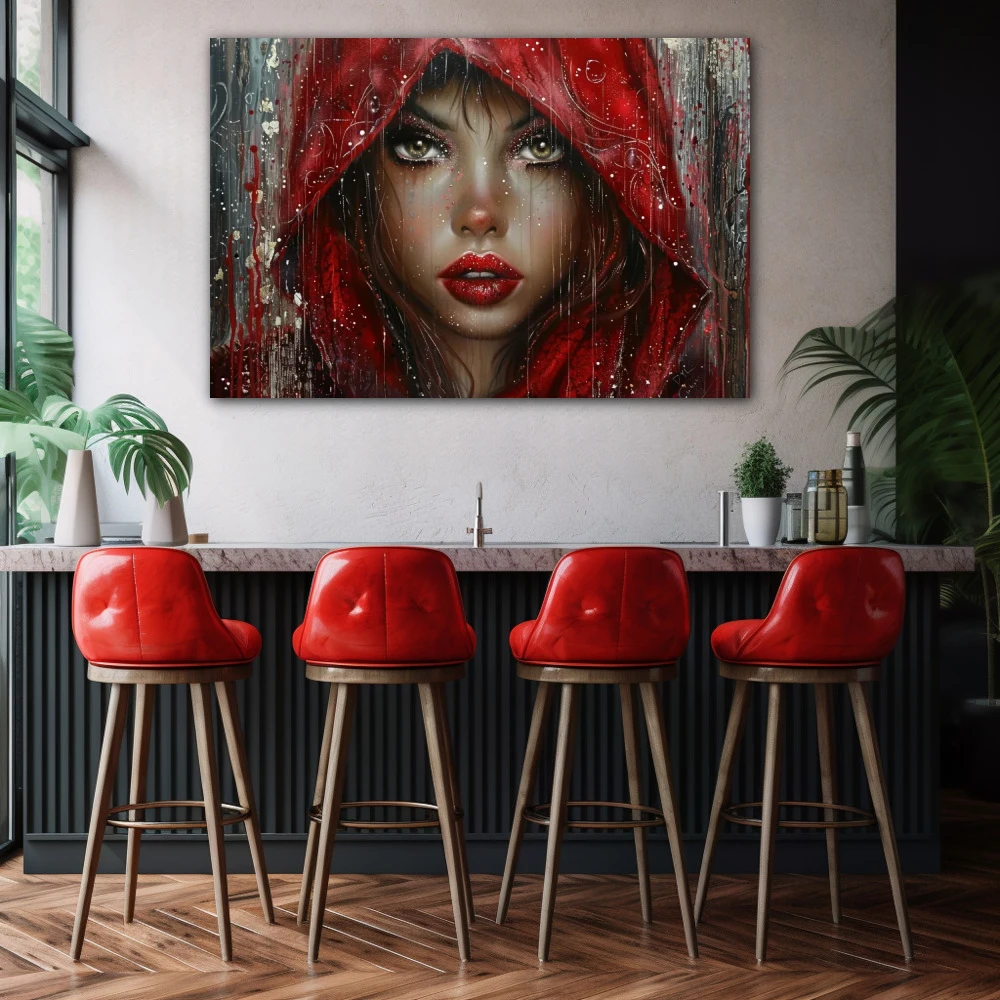 Wall Art titled: The Red Queen in a Horizontal format with: Grey, Brown, and Red Colors; Decoration the Bar wall