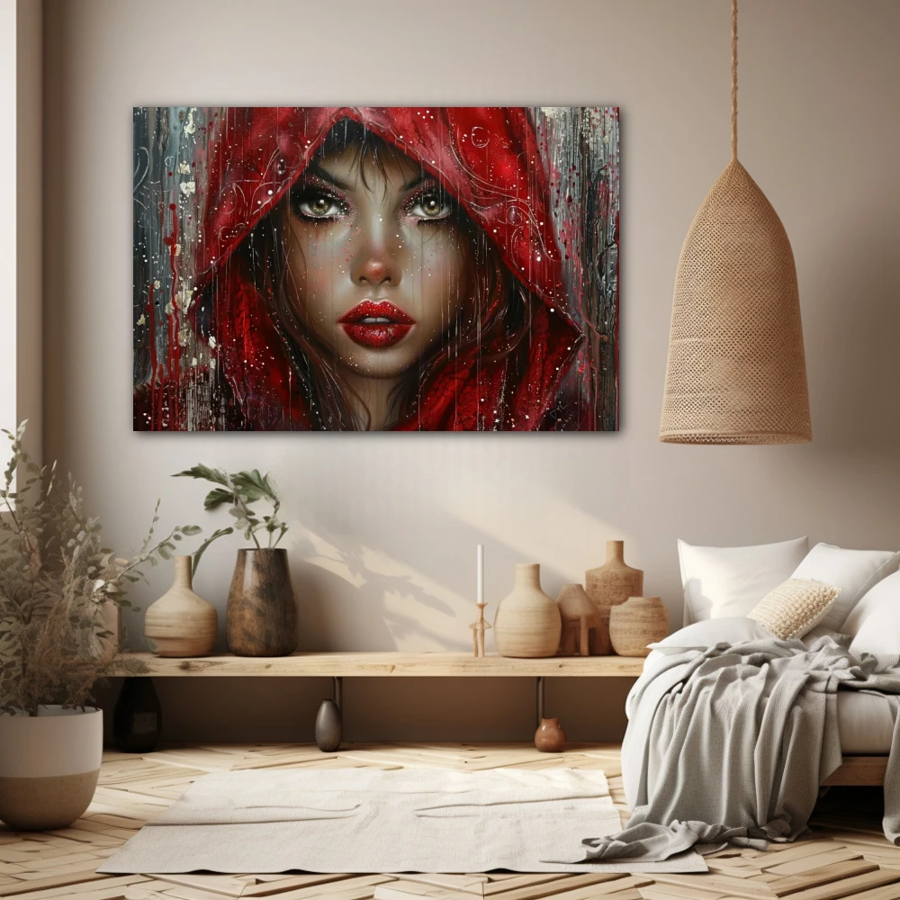 Wall Art titled: The Red Queen in a Horizontal format with: Grey, Brown, and Red Colors; Decoration the Beige Wall wall