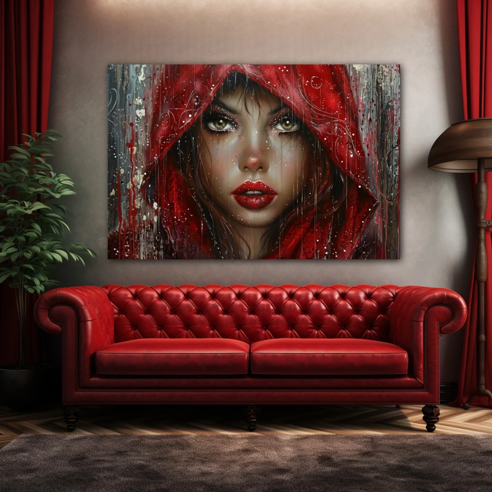 Cuadro la reina roja en formato horizontal con colores gris, marrón, rojo; decorando pared de encima del sofá