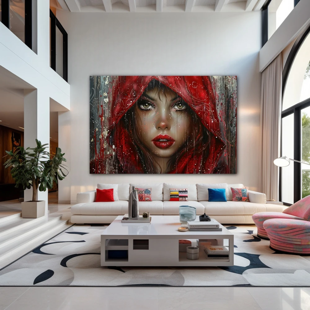 Cuadro la reina roja en formato horizontal con colores gris, marrón, rojo; decorando pared de salón comedor
