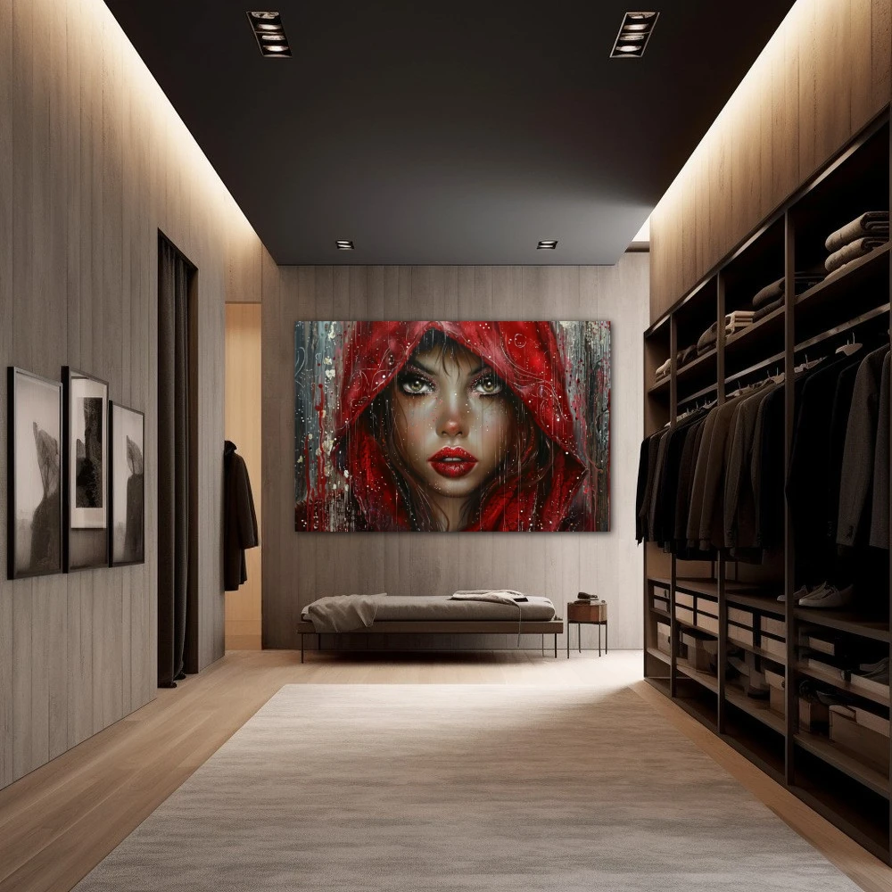 Cuadro la reina roja en formato horizontal con colores gris, marrón, rojo; decorando pared de vestidor