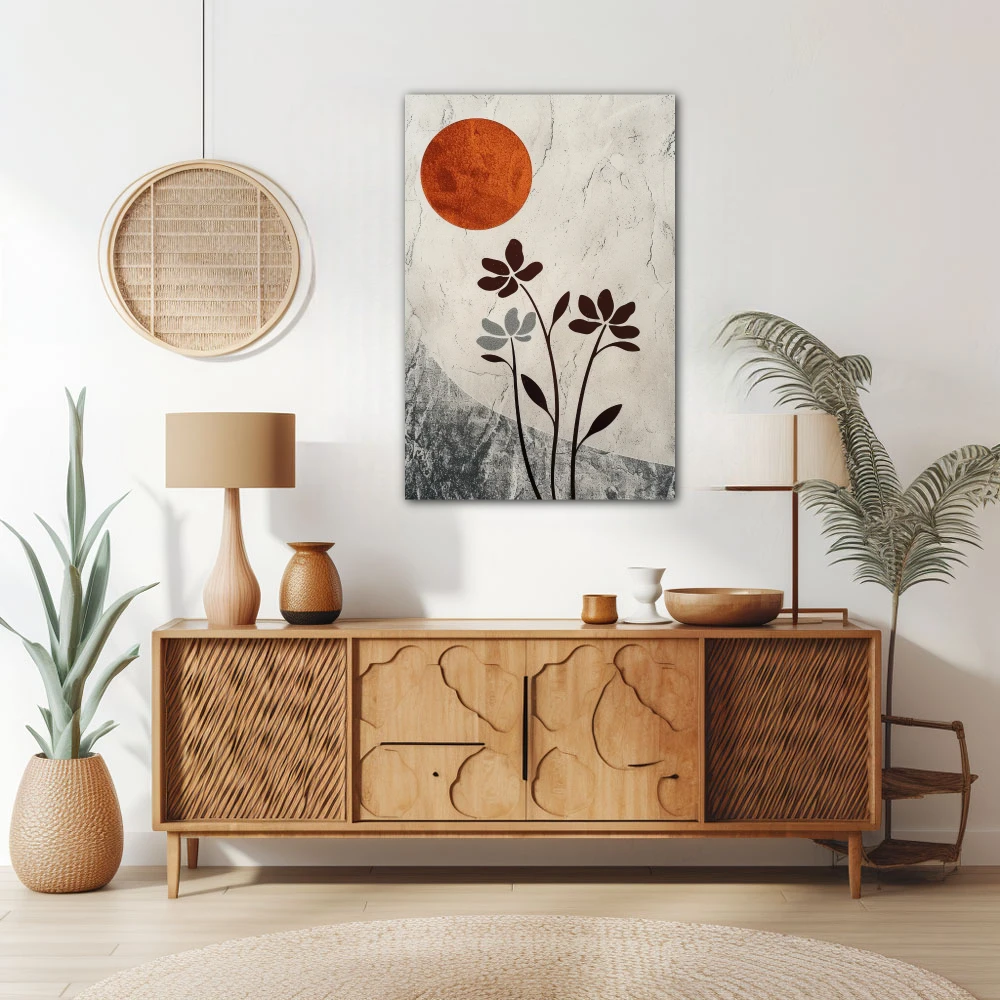 Wall Art titled: Red Sun, Silent Dreams in a Vertical format with: white, Grey, and Orange Colors; Decoration the Sideboard wall