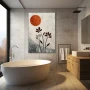 Wall Art titled: Red Sun, Silent Dreams in a Vertical format with: white, Grey, and Orange Colors; Decoration the Bathroom wall