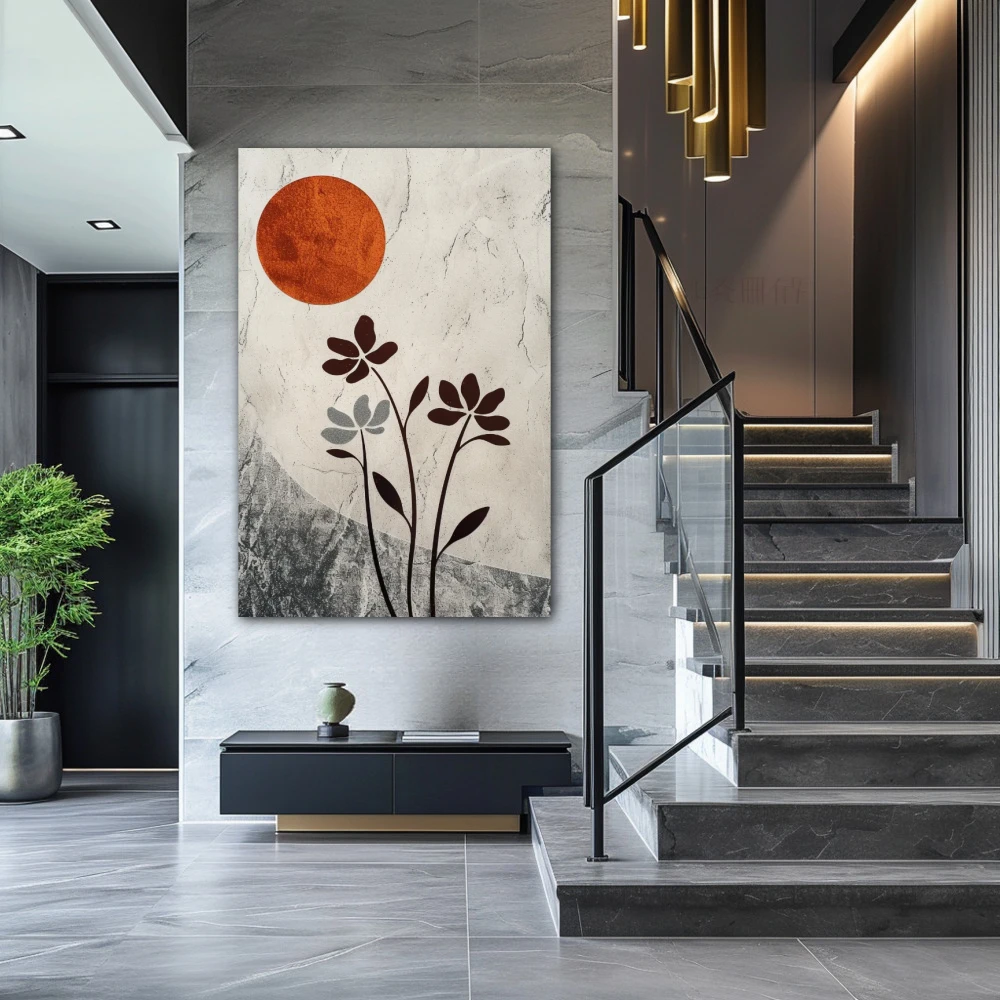 Wall Art titled: Red Sun, Silent Dreams in a Vertical format with: white, Grey, and Orange Colors; Decoration the Staircase wall