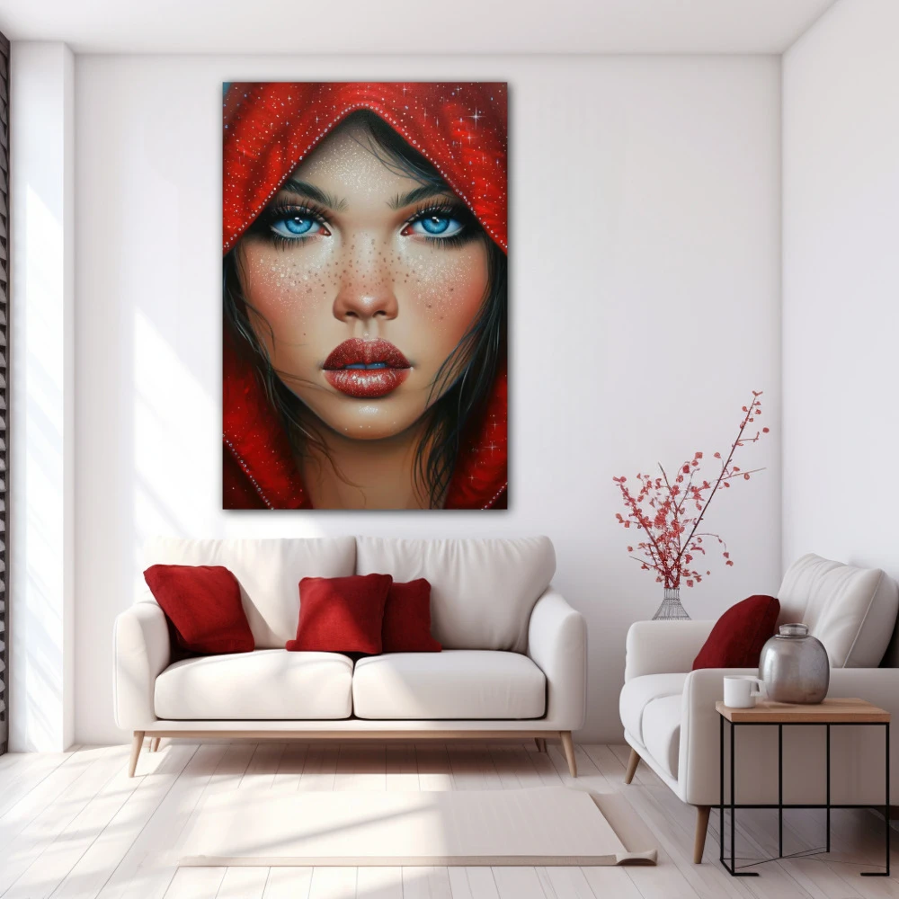 Wall Art titled: Infinite Horizon Eyes in a Vertical format with: Blue, Red, and Beige Colors; Decoration the White Wall wall