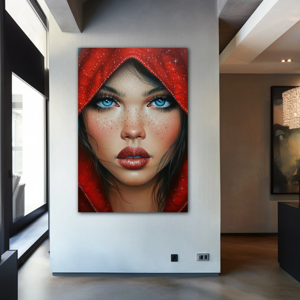 Wall Art titled: Infinite Horizon Eyes in a Vertical format with: Blue, Red, and Beige Colors; Decoration the Entryway wall
