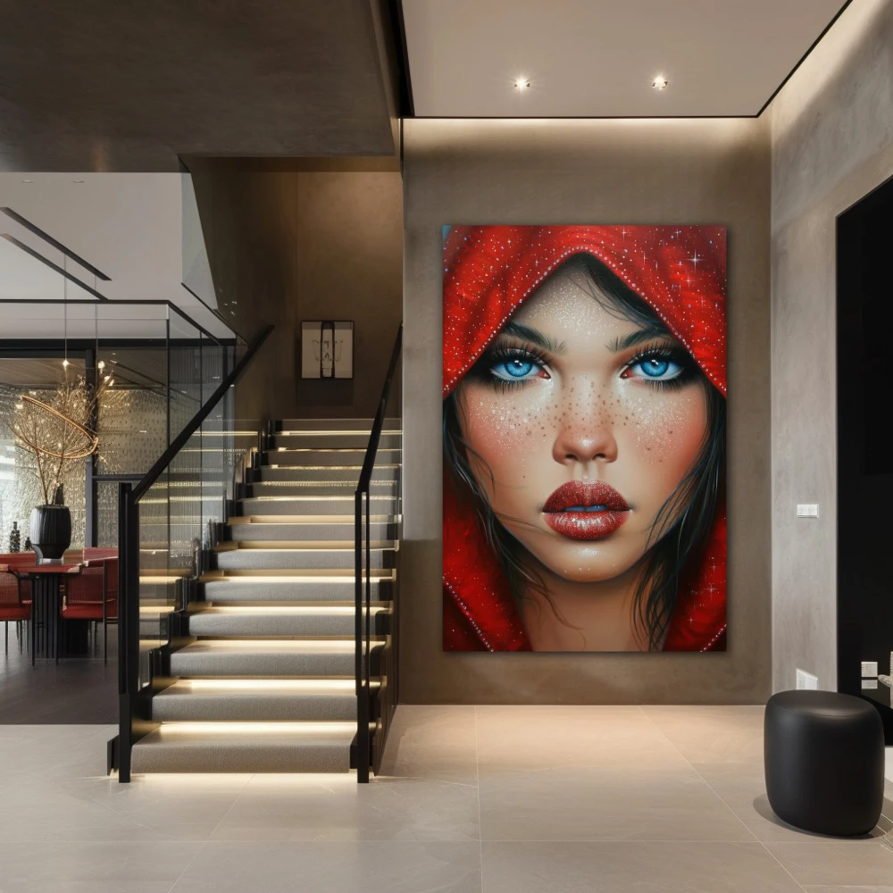 Wall Art titled: Infinite Horizon Eyes in a Vertical format with: Blue, Red, and Beige Colors; Decoration the Staircase wall