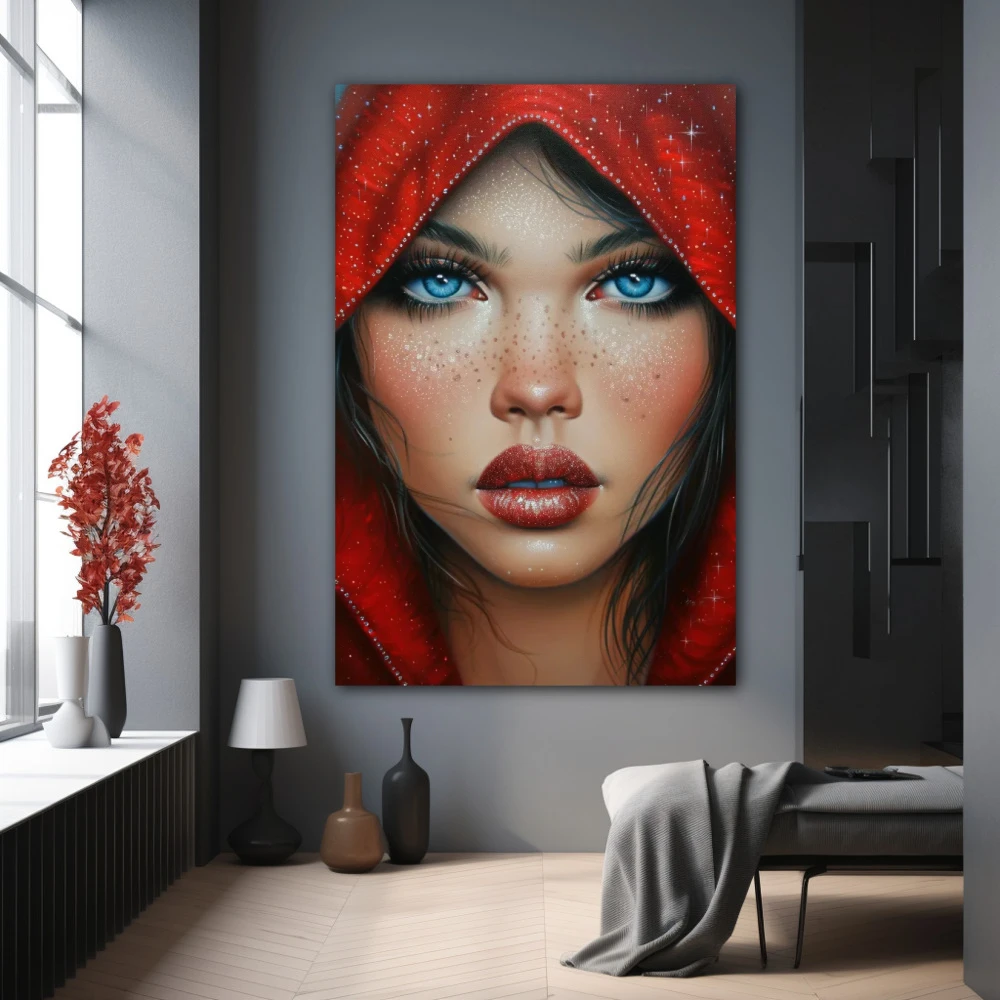 Wall Art titled: Infinite Horizon Eyes in a Vertical format with: Blue, Red, and Beige Colors; Decoration the Grey Walls wall