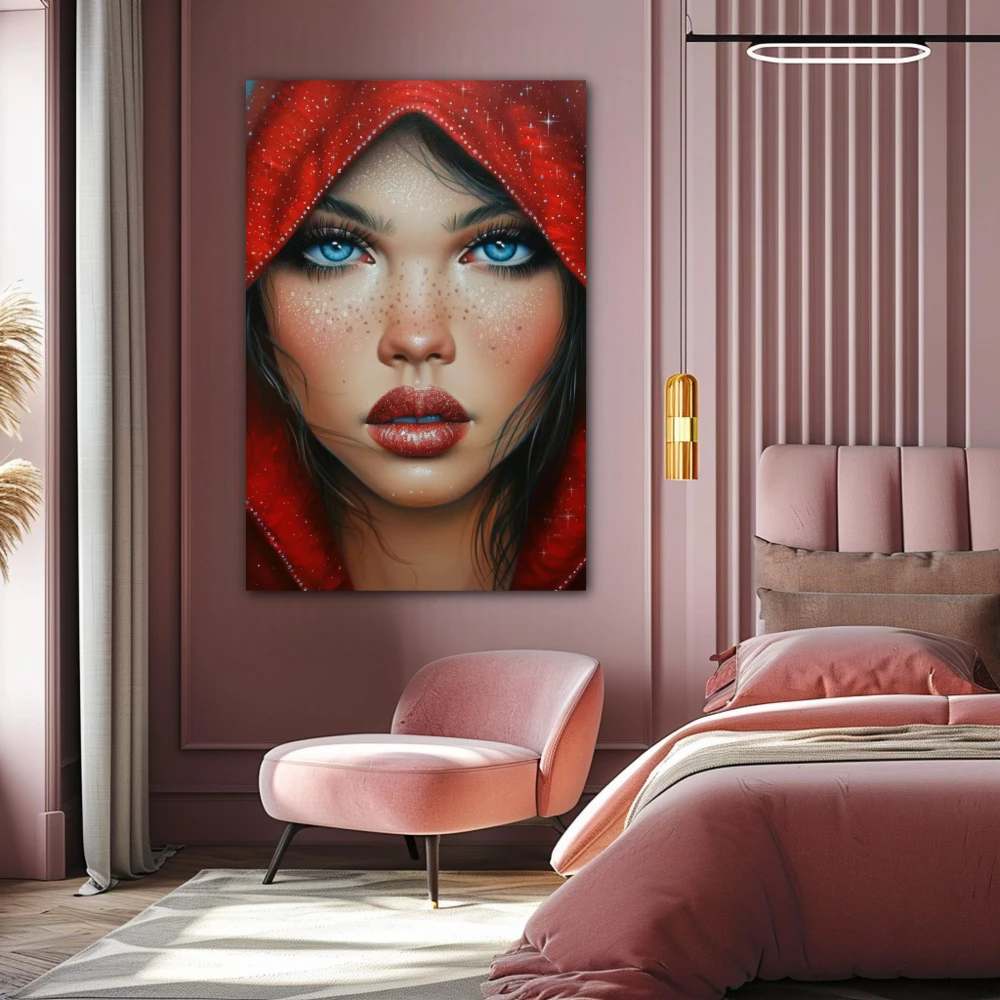 Cuadro ojos de horizonte infinito en formato vertical con colores azul, rojo, beige; decorando pared de habitación dormitorio
