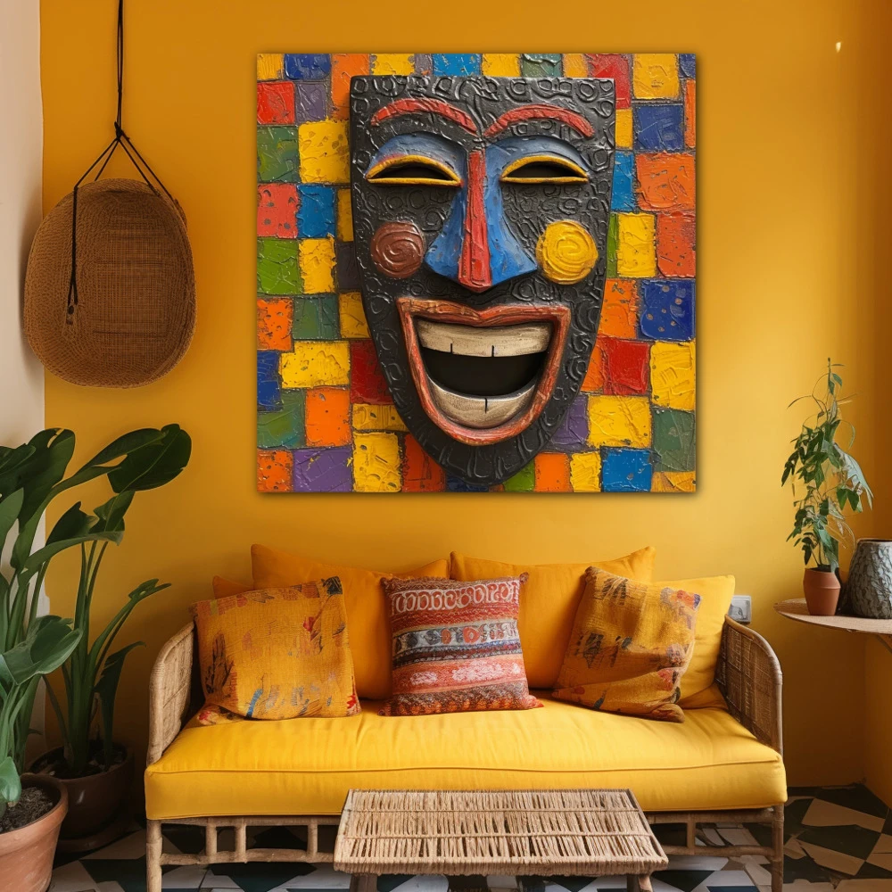 Cuadro mosaico de la alegría en formato cuadrado con colores amarillo, azul, naranja, vivos; decorando pared amarilla