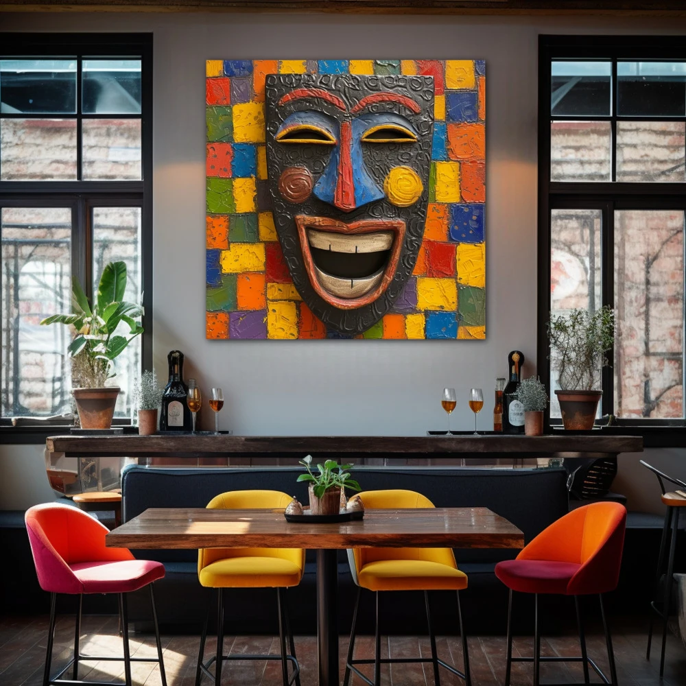 Cuadro mosaico de la alegría en formato cuadrado con colores amarillo, azul, naranja, vivos; decorando pared de bar