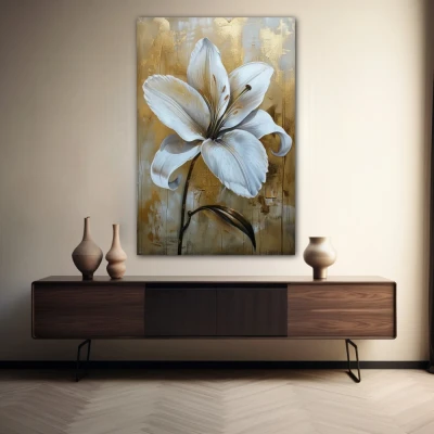 Wall Art titled: Petals Over Gold in a  format with: white, and Golden Colors; Decoration the Sideboard wall