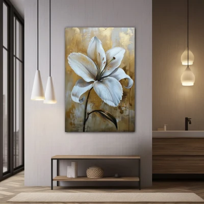 Wall Art titled: Petals Over Gold in a  format with: white, and Golden Colors; Decoration the Bathroom wall