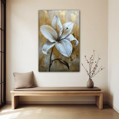 Wall Art titled: Petals Over Gold in a  format with: white, and Golden Colors; Decoration the Beige Wall wall