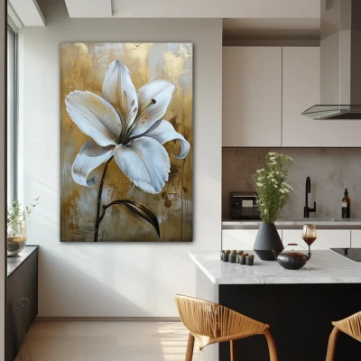 Wall Art titled: Petals Over Gold in a  format with: white, and Golden Colors; Decoration the Kitchen wall