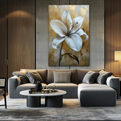 Wall Art titled: Petals Over Gold in a  format with: white, and Golden Colors; Decoration the Above Couch wall